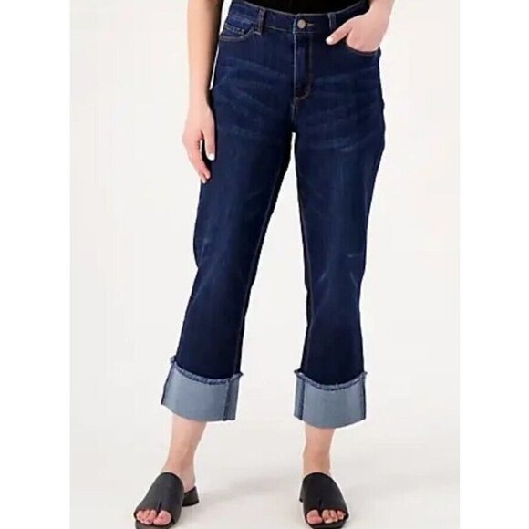Susan Graver Regular Stretch Denim Girlfriend Jean with Cuff Deep Indigo Plus 22 - Picture 1 of 1